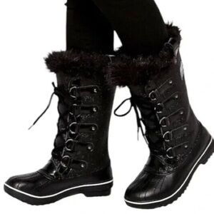 Sorel Tofino Glitter Black Lace Up Fur Trim Winter Snow Waterproof Boots